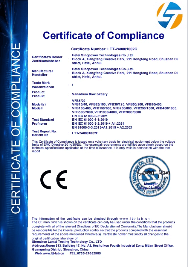 Vanadium flow battery CE 